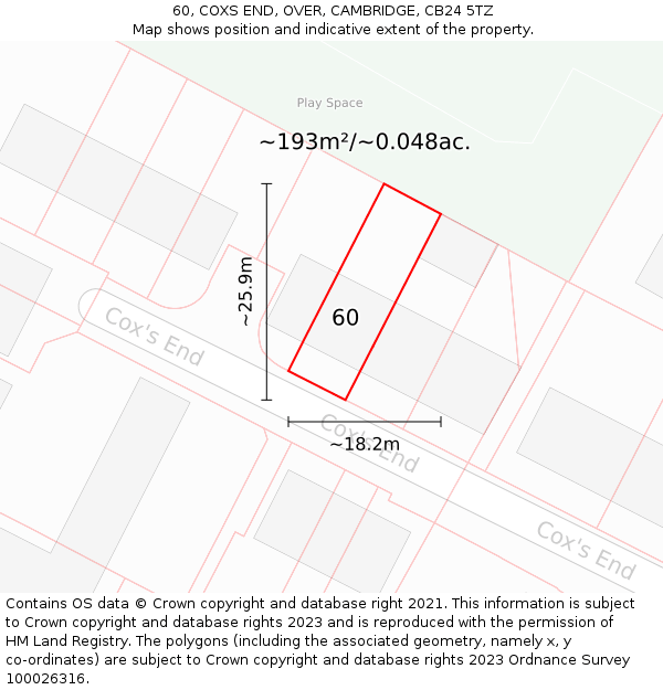 60, COXS END, OVER, CAMBRIDGE, CB24 5TZ: Plot and title map