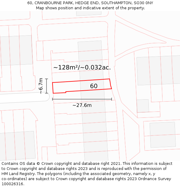 60, CRANBOURNE PARK, HEDGE END, SOUTHAMPTON, SO30 0NY: Plot and title map