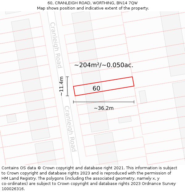 60, CRANLEIGH ROAD, WORTHING, BN14 7QW: Plot and title map