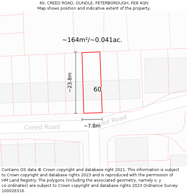 60, CREED ROAD, OUNDLE, PETERBOROUGH, PE8 4QN: Plot and title map