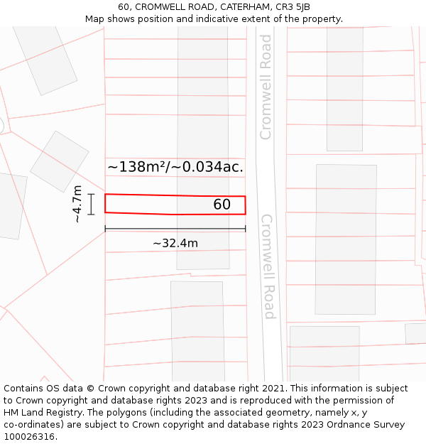 60, CROMWELL ROAD, CATERHAM, CR3 5JB: Plot and title map
