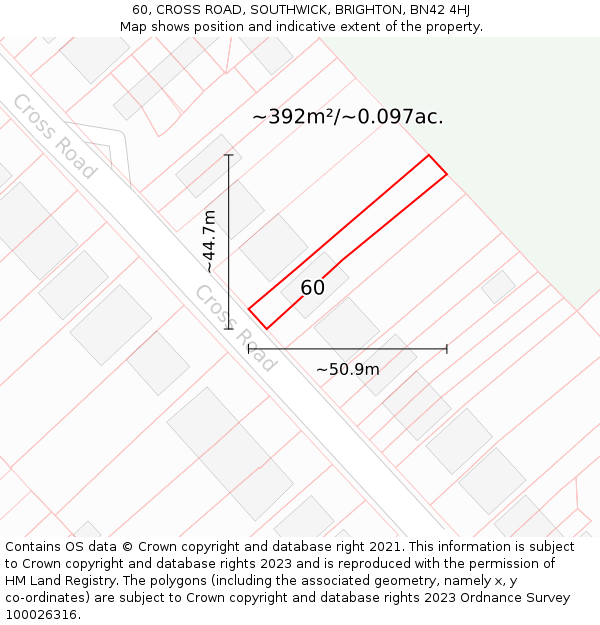 60, CROSS ROAD, SOUTHWICK, BRIGHTON, BN42 4HJ: Plot and title map