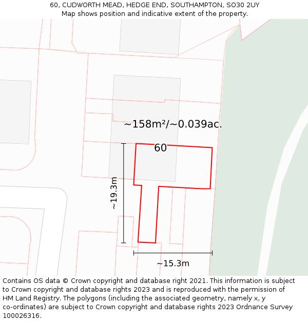 60, CUDWORTH MEAD, HEDGE END, SOUTHAMPTON, SO30 2UY: Plot and title map