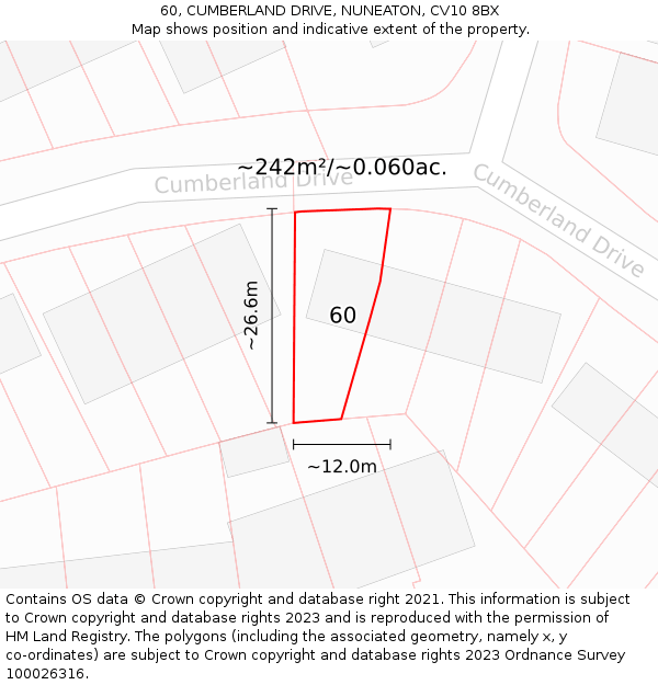 60, CUMBERLAND DRIVE, NUNEATON, CV10 8BX: Plot and title map