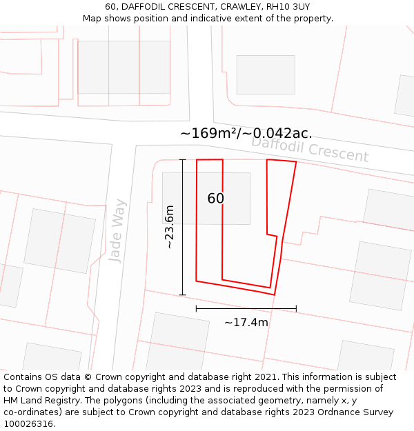 60, DAFFODIL CRESCENT, CRAWLEY, RH10 3UY: Plot and title map