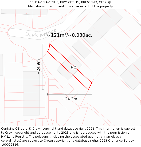 60, DAVIS AVENUE, BRYNCETHIN, BRIDGEND, CF32 9JL: Plot and title map