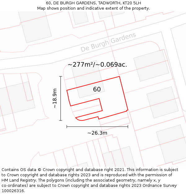 60, DE BURGH GARDENS, TADWORTH, KT20 5LH: Plot and title map
