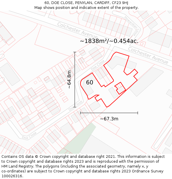 60, DOE CLOSE, PENYLAN, CARDIFF, CF23 9HJ: Plot and title map