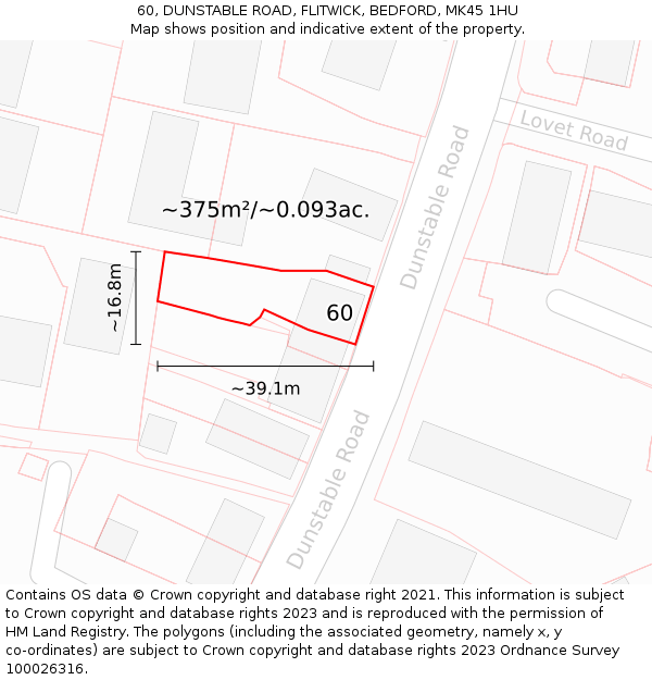 60, DUNSTABLE ROAD, FLITWICK, BEDFORD, MK45 1HU: Plot and title map