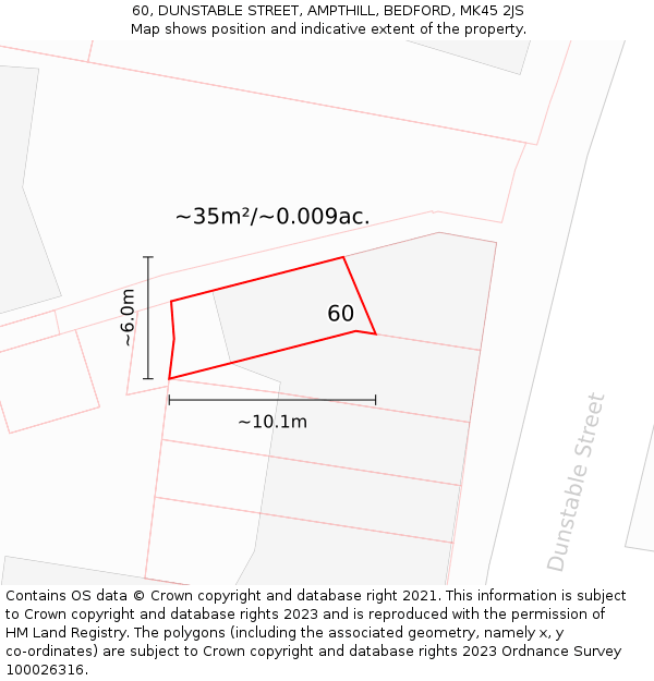60, DUNSTABLE STREET, AMPTHILL, BEDFORD, MK45 2JS: Plot and title map