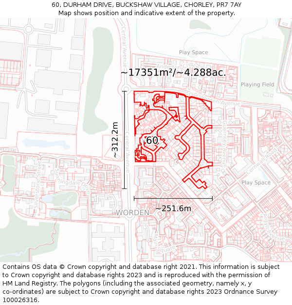 60, DURHAM DRIVE, BUCKSHAW VILLAGE, CHORLEY, PR7 7AY: Plot and title map