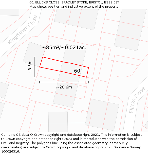 60, ELLICKS CLOSE, BRADLEY STOKE, BRISTOL, BS32 0ET: Plot and title map