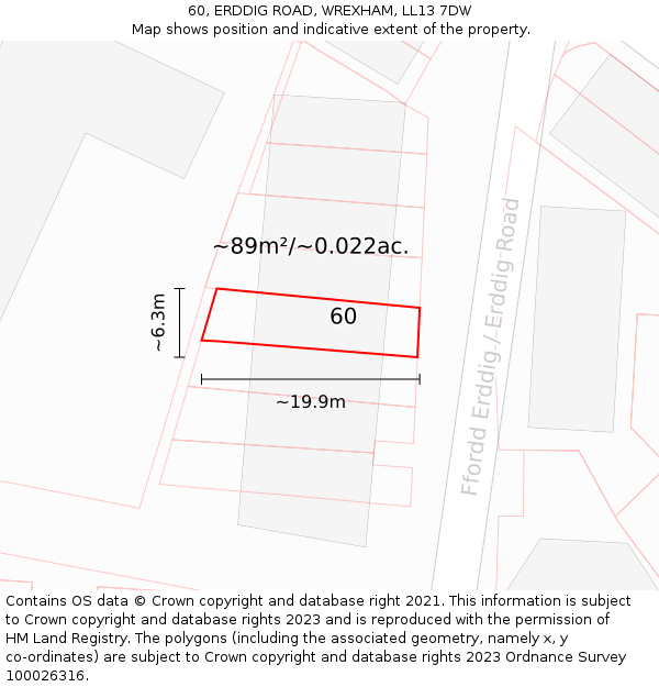 60, ERDDIG ROAD, WREXHAM, LL13 7DW: Plot and title map