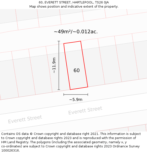 60, EVERETT STREET, HARTLEPOOL, TS26 0JA: Plot and title map