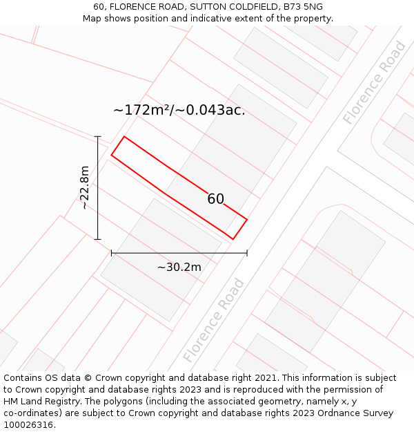 60, FLORENCE ROAD, SUTTON COLDFIELD, B73 5NG: Plot and title map