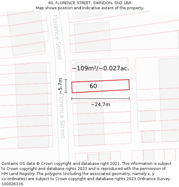 60, FLORENCE STREET, SWINDON, SN2 1BA: Plot and title map