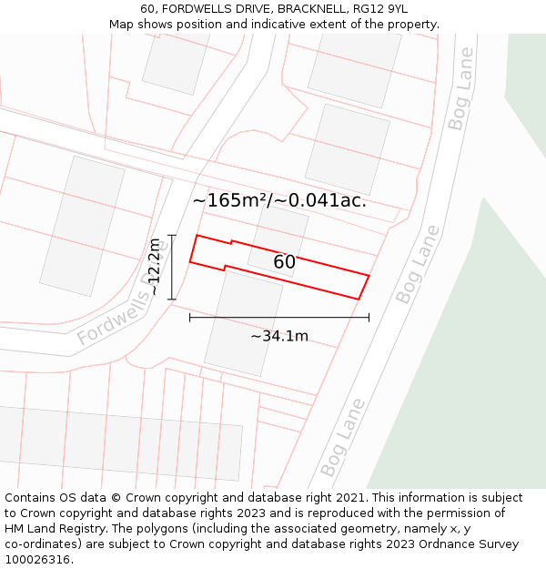 60, FORDWELLS DRIVE, BRACKNELL, RG12 9YL: Plot and title map
