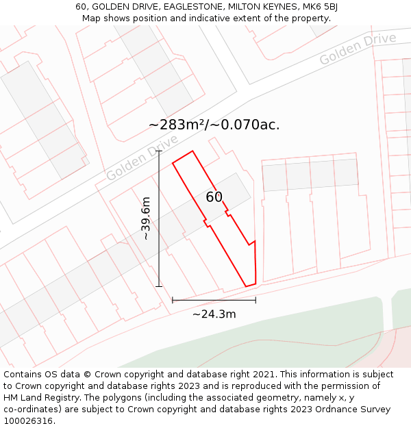 60, GOLDEN DRIVE, EAGLESTONE, MILTON KEYNES, MK6 5BJ: Plot and title map