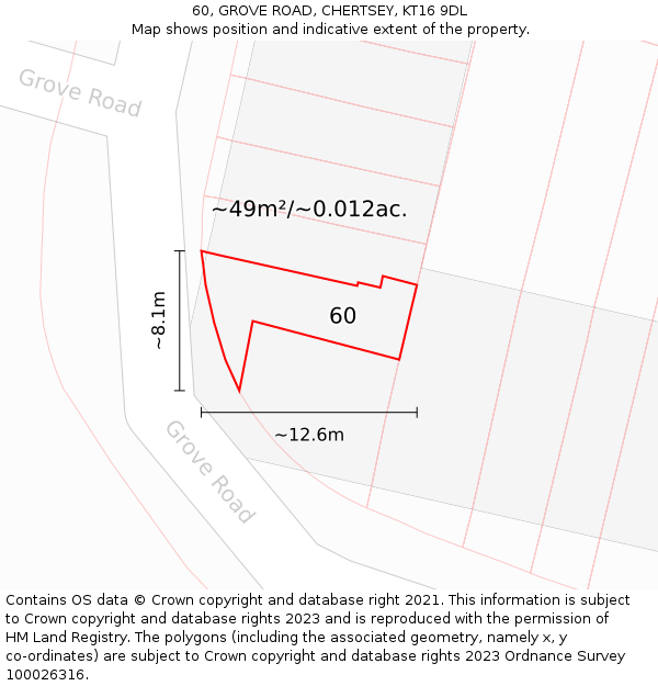 60, GROVE ROAD, CHERTSEY, KT16 9DL: Plot and title map