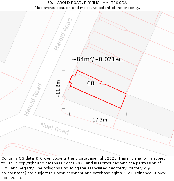 60, HAROLD ROAD, BIRMINGHAM, B16 9DA: Plot and title map