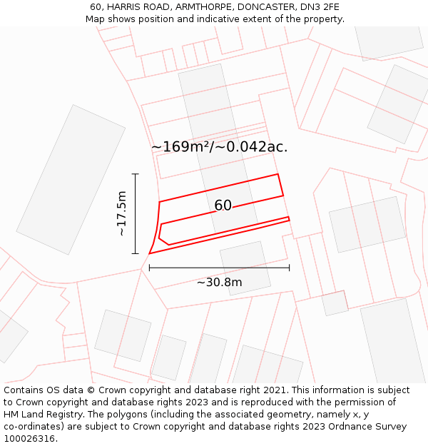 60, HARRIS ROAD, ARMTHORPE, DONCASTER, DN3 2FE: Plot and title map