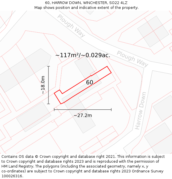 60, HARROW DOWN, WINCHESTER, SO22 4LZ: Plot and title map
