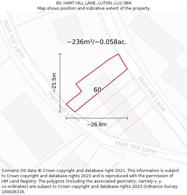 60, HART HILL LANE, LUTON, LU2 0BA: Plot and title map