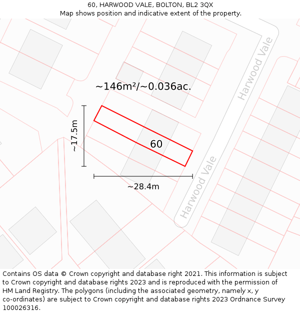 60, HARWOOD VALE, BOLTON, BL2 3QX: Plot and title map