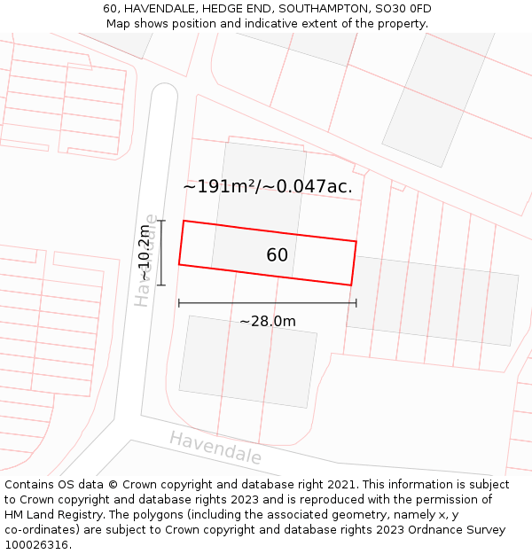 60, HAVENDALE, HEDGE END, SOUTHAMPTON, SO30 0FD: Plot and title map