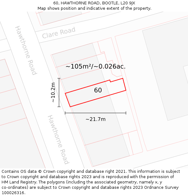 60, HAWTHORNE ROAD, BOOTLE, L20 9JX: Plot and title map