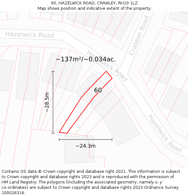 60, HAZELWICK ROAD, CRAWLEY, RH10 1LZ: Plot and title map