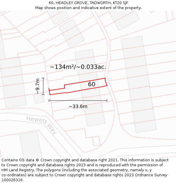 60, HEADLEY GROVE, TADWORTH, KT20 5JF: Plot and title map
