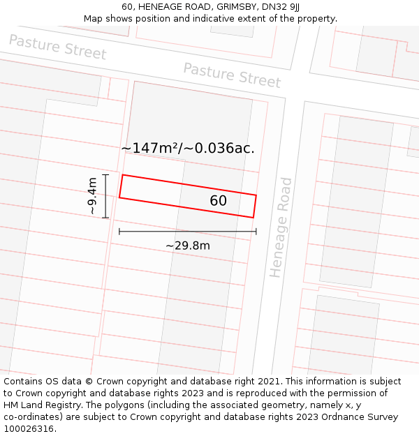 60, HENEAGE ROAD, GRIMSBY, DN32 9JJ: Plot and title map