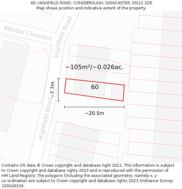 60, HIGHFIELD ROAD, CONISBROUGH, DONCASTER, DN12 2DE: Plot and title map