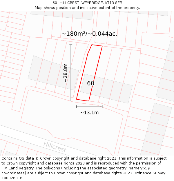60, HILLCREST, WEYBRIDGE, KT13 8EB: Plot and title map