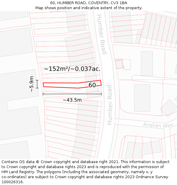 60, HUMBER ROAD, COVENTRY, CV3 1BA: Plot and title map