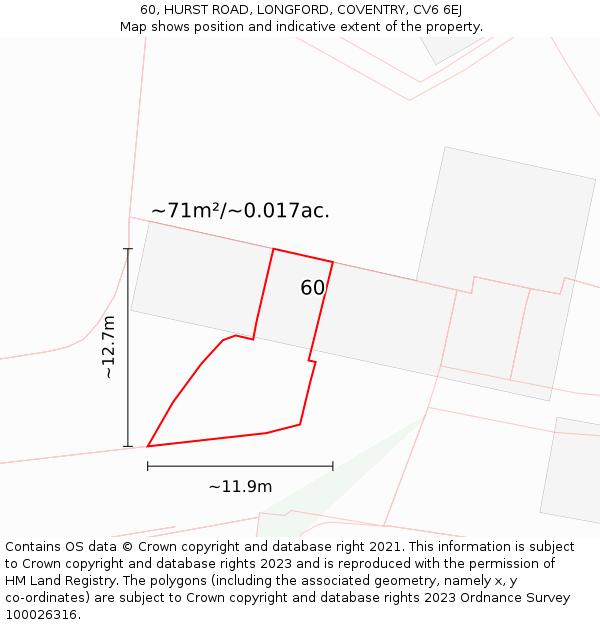 60, HURST ROAD, LONGFORD, COVENTRY, CV6 6EJ: Plot and title map