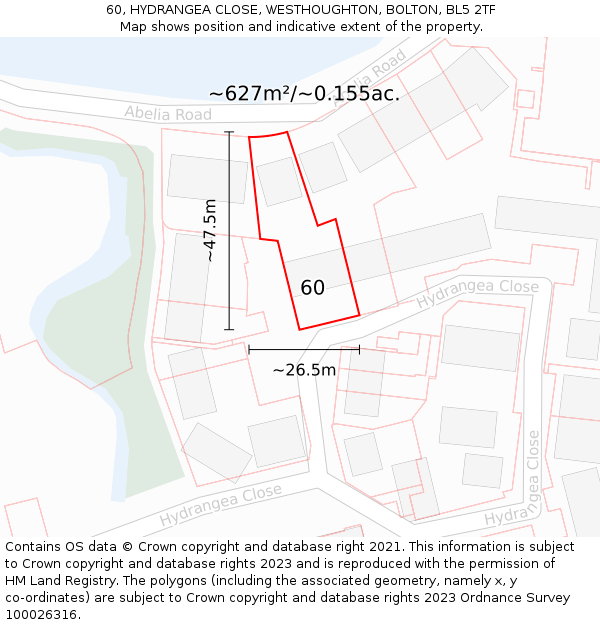 60, HYDRANGEA CLOSE, WESTHOUGHTON, BOLTON, BL5 2TF: Plot and title map