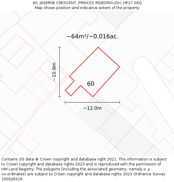 60, JASMINE CRESCENT, PRINCES RISBOROUGH, HP27 0AQ: Plot and title map