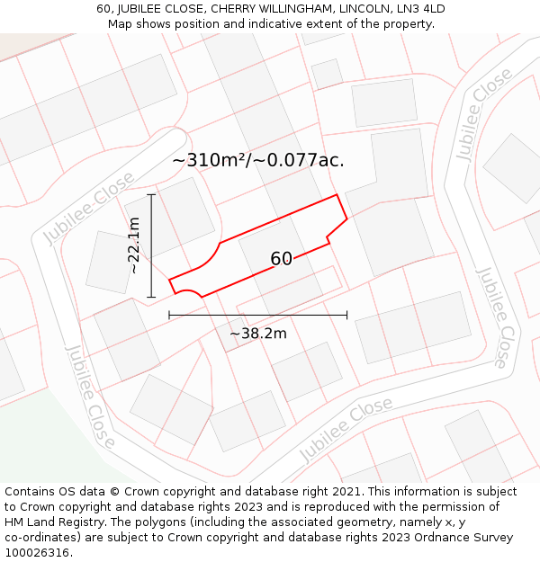 60, JUBILEE CLOSE, CHERRY WILLINGHAM, LINCOLN, LN3 4LD: Plot and title map