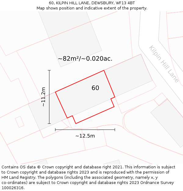 60, KILPIN HILL LANE, DEWSBURY, WF13 4BT: Plot and title map