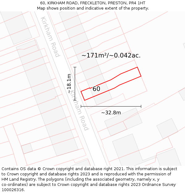 60, KIRKHAM ROAD, FRECKLETON, PRESTON, PR4 1HT: Plot and title map
