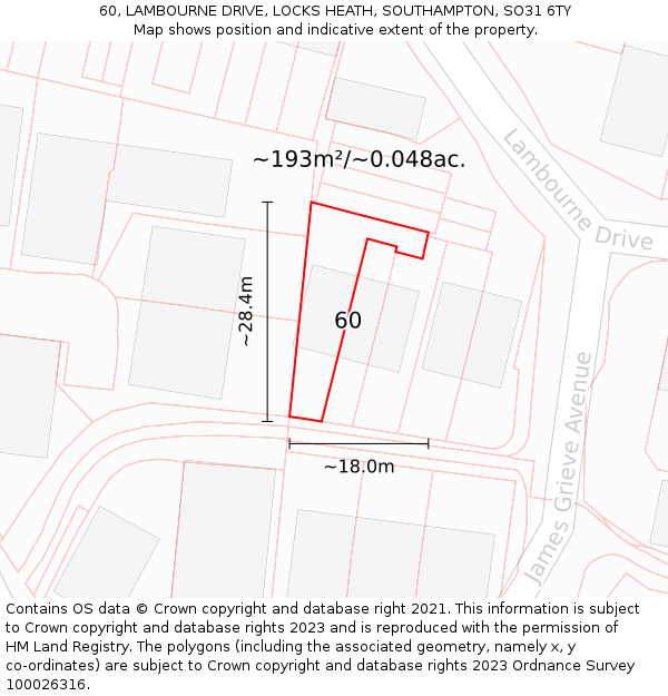 60, LAMBOURNE DRIVE, LOCKS HEATH, SOUTHAMPTON, SO31 6TY: Plot and title map