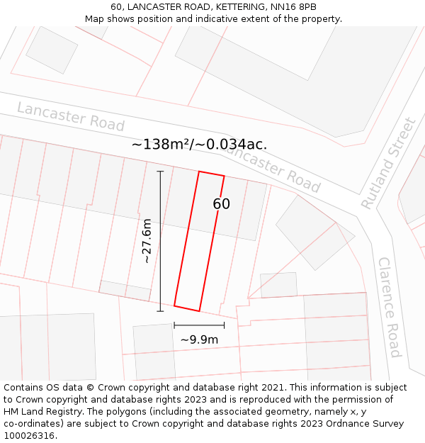 60, LANCASTER ROAD, KETTERING, NN16 8PB: Plot and title map