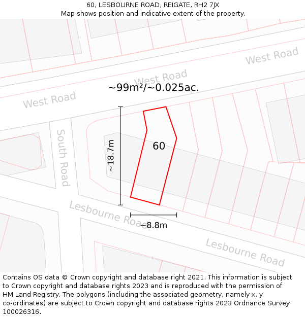 60, LESBOURNE ROAD, REIGATE, RH2 7JX: Plot and title map