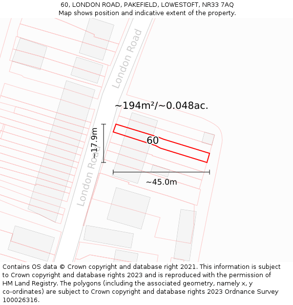 60, LONDON ROAD, PAKEFIELD, LOWESTOFT, NR33 7AQ: Plot and title map