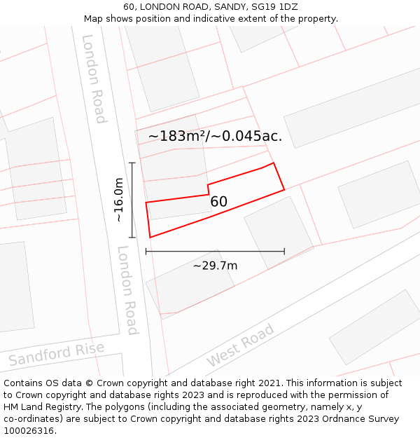 60, LONDON ROAD, SANDY, SG19 1DZ: Plot and title map