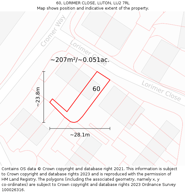 60, LORIMER CLOSE, LUTON, LU2 7RL: Plot and title map