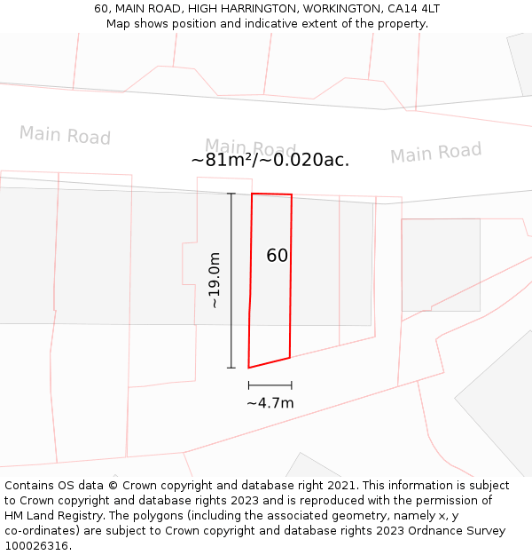 60, MAIN ROAD, HIGH HARRINGTON, WORKINGTON, CA14 4LT: Plot and title map