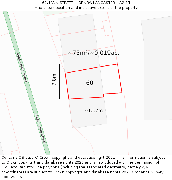 60, MAIN STREET, HORNBY, LANCASTER, LA2 8JT: Plot and title map